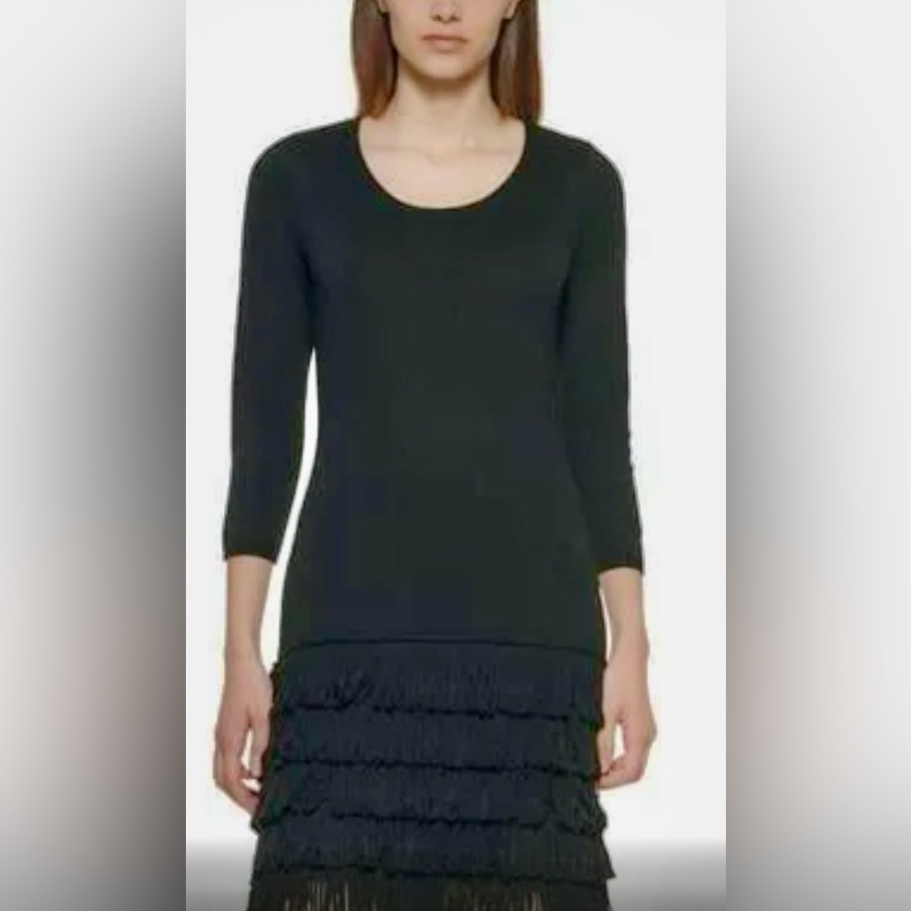 Calvin Klein sexy scoop neck knit tiered fringe bottom dress in black